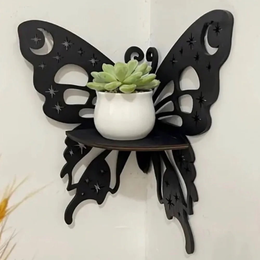 Butterfly Moon Laser Cut Black Wooden Floating Shelf